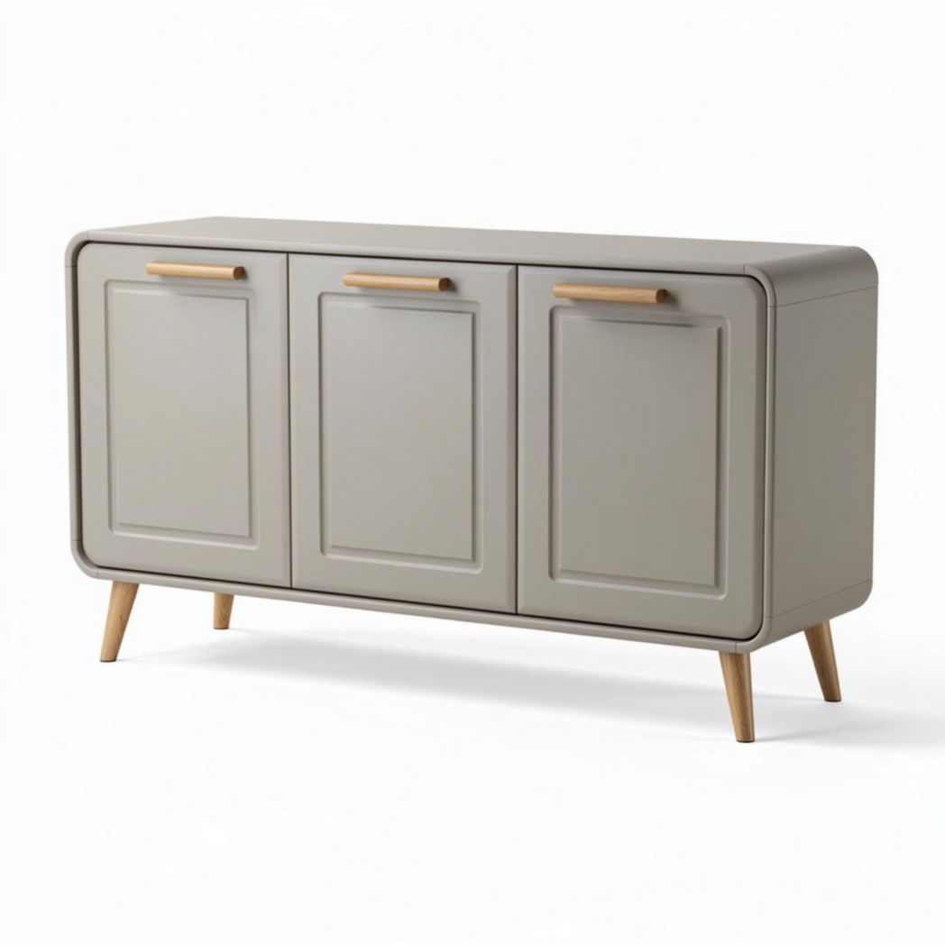 Modern storage cabinet with three doors and wooden legs in light gray color