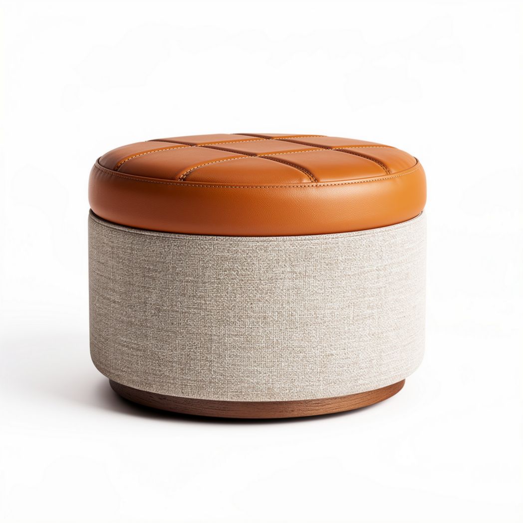 Fabric and leather ottoman with a wooden base 40 x 40 x 30cm for living room use