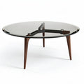 Round glass coffee table with wooden legs 90 x 90 x 45cm for living room