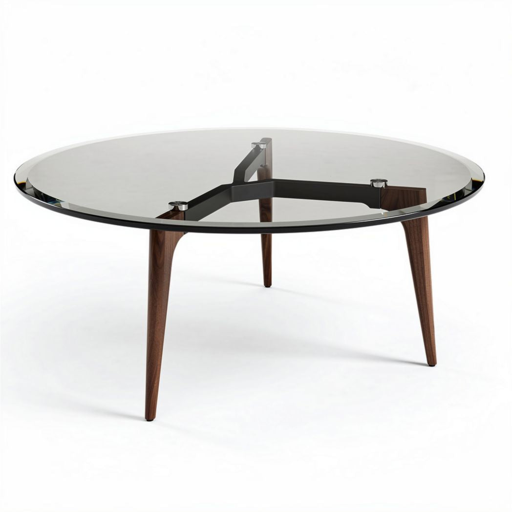 Round glass coffee table with wooden legs 90 x 90 x 45cm for living room