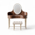 Wooden vanity set with oval mirror and upholstered stool in walnut finish