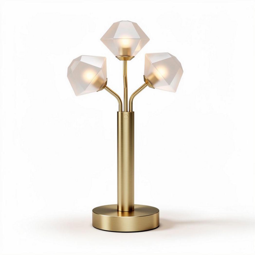 Table lamp with three geometric glass shades and gold metal base 25 x 25 x 50cm