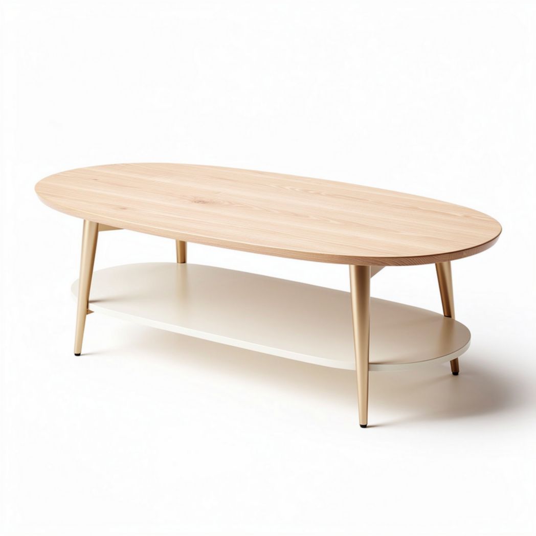 Wooden oval coffee table with a lower shelf in natural finish 120 x 60 x 40cm