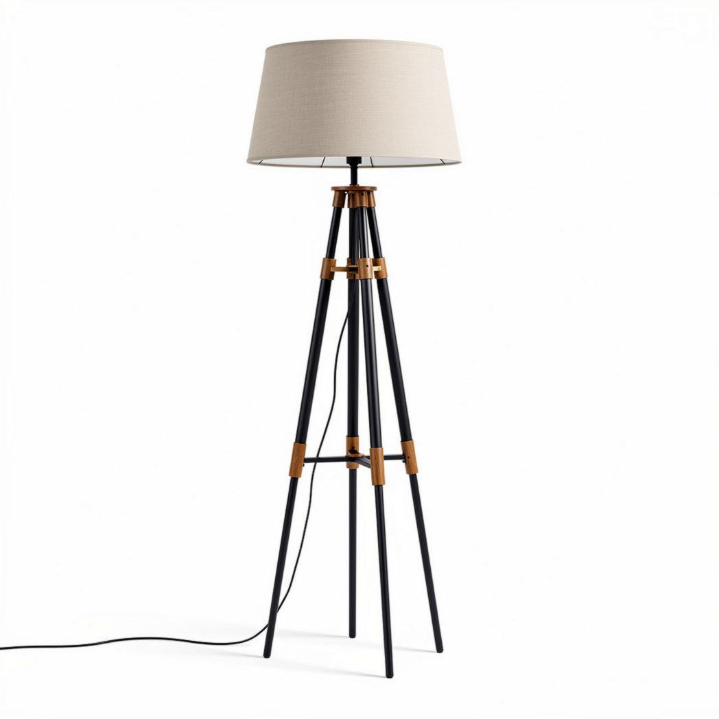 Tripod floor lamp with fabric shade and wooden accents 75 x 50 x 150cm