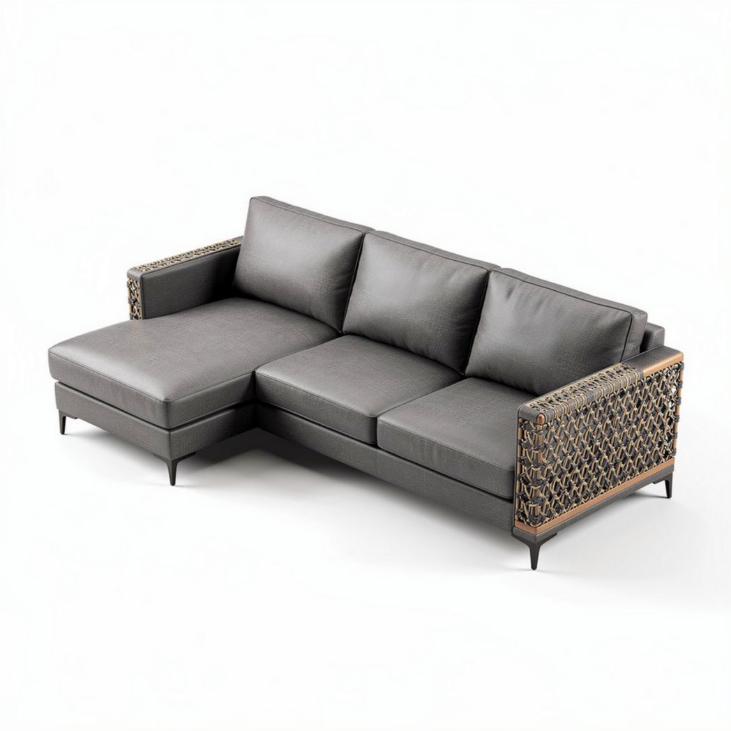 Outdoor sectional sofa with gray fabric cushion and rattan accents 220 x 90 x 75cm