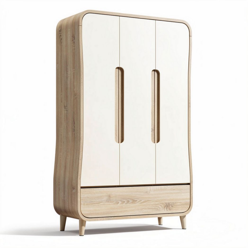 Wooden wardrobe with three doors and a drawer 80 x 50 x 180cm in white and natural finish